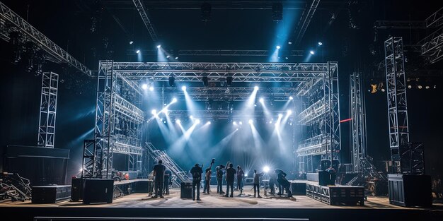 Une production de scène en direct construite dans une salle de type scène centrale Équipement de gréement de scène Éclairage trusses escaliers et systèmes de sonorisation transportés