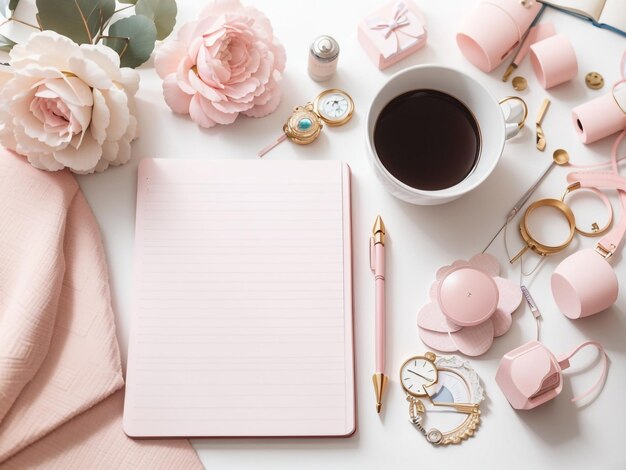 Photo productivity haven flatlay d'une table de bureau à domicile, un espace de travail parfait avec tous les éléments essentiels