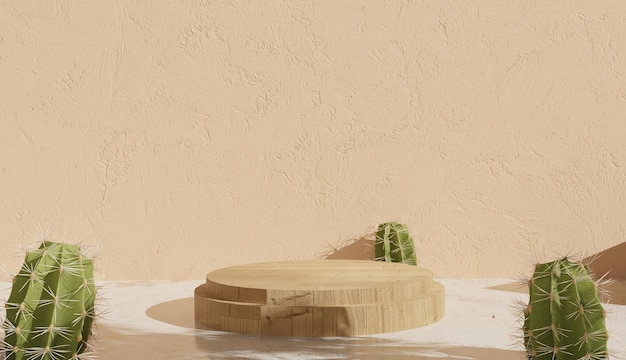 Photo produit en bois podium 3d avec thème printanier de cactus tropical vert