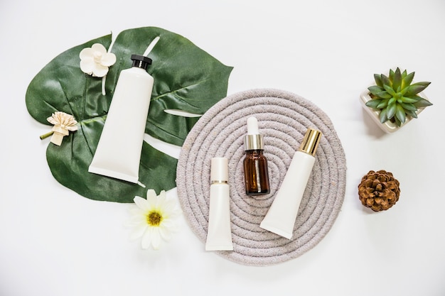 Produit cosmétique de spa sur des montagnes russes avec des fleurs; feuille; plante de pomme de pin et de cactus sur fond blanc