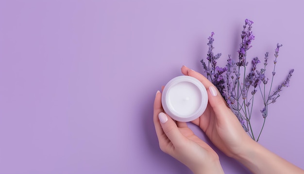 Photo produit cosmétique tenu à la main sur fond lilas