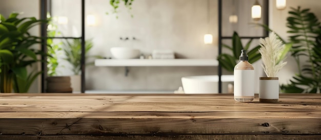 Le produit est exposé sur un dessus de table en bois avec un intérieur de salle de bain flou en arrière-plan