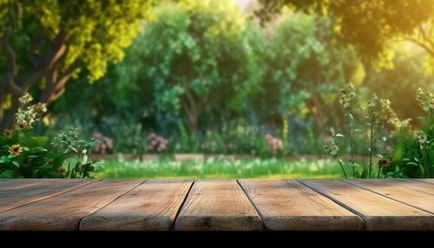 Un produit finement posé sur une table de jardin en bois Illustration Generative AI