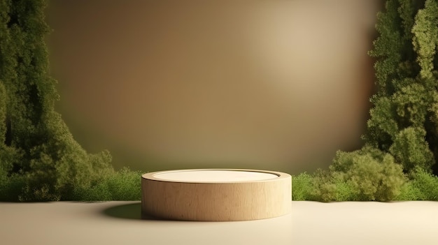 Produit IA génératif scène minimale beige avec plate-forme de podium géométrique et maquette de plantes de mousse