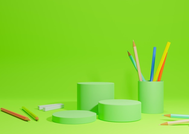 Le produit de la rentrée scolaire vert fluo présente trois podiums de côté avec des crayons et de la craie