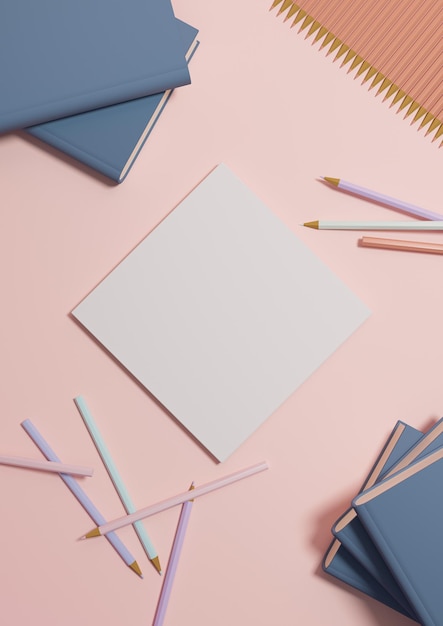 Produit de retour à l'école rouge clair afficher un podium ou une vue de dessus, à plat au-dessus des livres de crayons