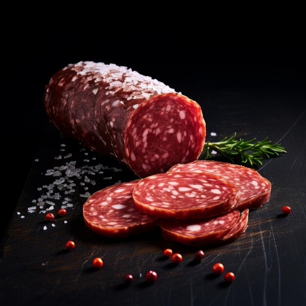 Produit de viande de salami délicieux Illustration carrée photoréaliste Appétisant alimentaire gourmet Appétisant Ai Généré illustration lumineuse sur fond sombre Produit de Viande de Salami Deli