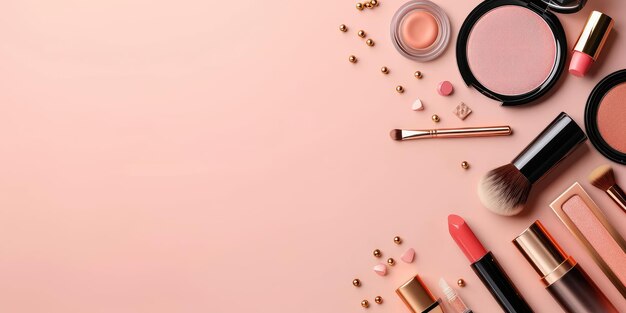 Produits et accessoires de maquillage sur fond rose Concept de blogueur de beauté et de shopping