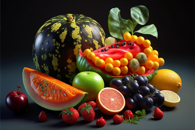 Produits alimentaires biologiques légumes et fruits mûrs dans un vase sur fond noir