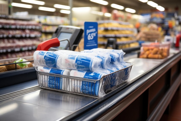 Les produits alimentaires se trouvent sur une courroie transportatrice, une caisse d'une épicerie.