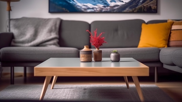 Les produits d'appel esthétique affichent en arrière-plan une table basse moderne dans un intérieur de maison IA générative