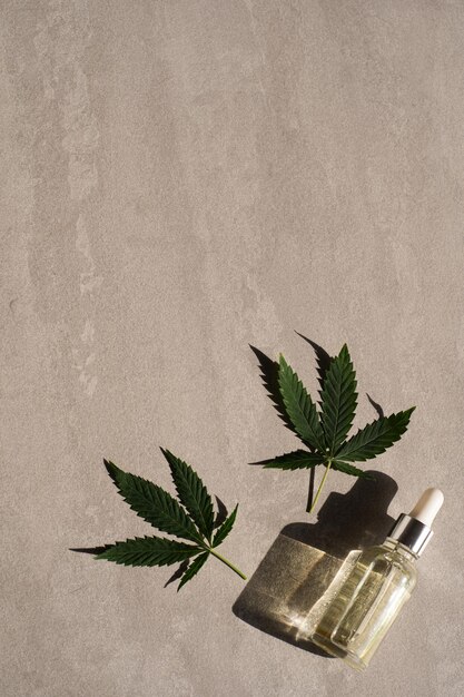 Produits à base de chanvre à l'huile de CBD bouteille en verre avec des feuilles de chanvre à l'huile de CBD cannabis médical avec de l'huile d'extrait Cosmétiques huile de CBD