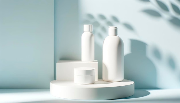 Des produits de beauté blancs affichés sur un fond bleu avec des ombres subtiles idéales pour les maquettes de marques AI générative