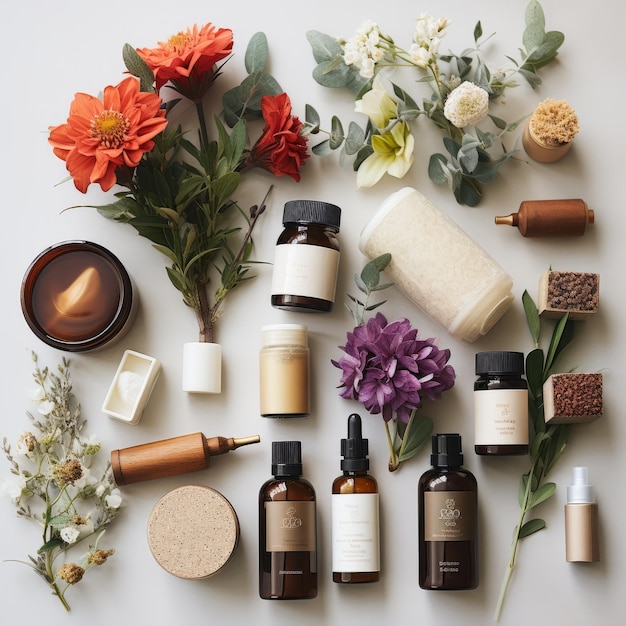 Photo produits de beauté naturels avec des fleurs