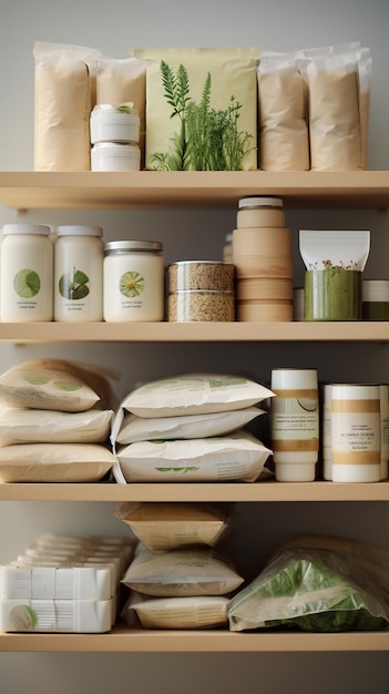 Photo produits biologiques sur des étagères en bois dans des emballages durables commercialisation de produits respectueux de l'environnement