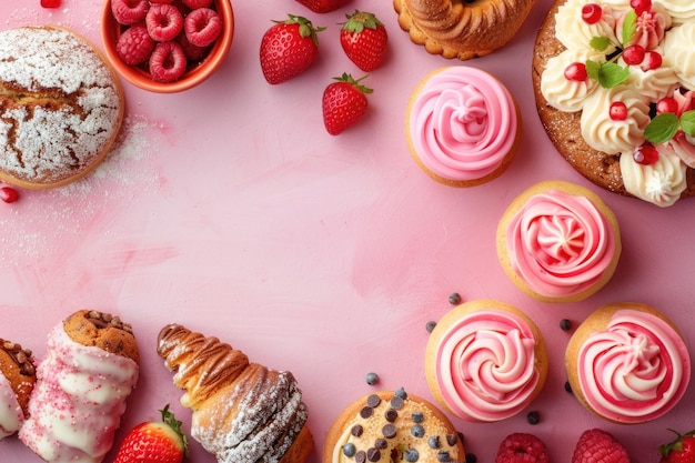 Photo produits de boulangerie sucrés gâteaux et muffins avec fraises et framboises