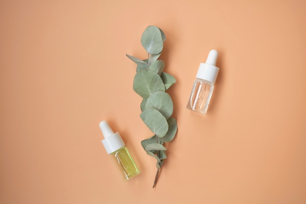 Produits cosmétiques bio naturels pour spa, accessoires de salle de bain écologiques, feuilles d'eucalyptus. Mise à plat. Vue de dessus.