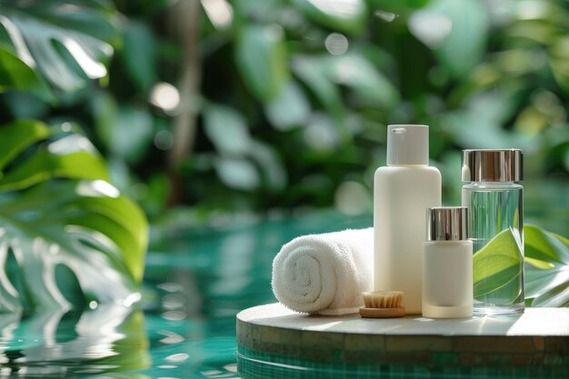 Les produits cosmétiques biologiques sont debout sur le fauteuil sur le bord de la piscine