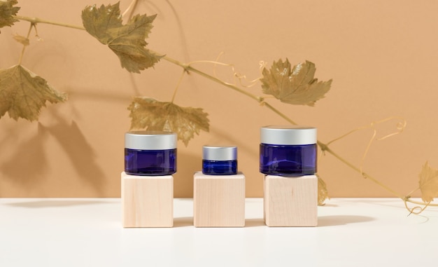 Produits cosmétiques dans un bocal en verre bleu avec un couvercle gris sur un podium en bois fait de cubes, derrière une branche de raisin aux feuilles vertes. Vide pour les produits de marque, crème hydratante sur fond beige