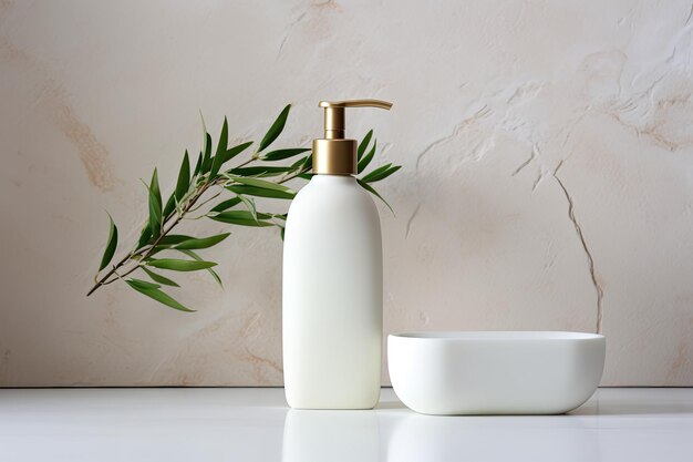 Produits cosmétiques exposés bouteille de pompe boîte de savon branche d'olive Promeut le bien-être de la santé et le spa