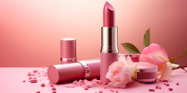 produits cosmétiques sur fond rose rouge à lèvres crème en poudre ombre-l'œil femmes produits de maquillage de mode