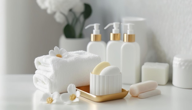 Les produits cosmétiques pour les soins du corps sont magnifiquement exposés dans une lumière douce et élégante dans un intérieur de salle de bain blanc avec une mise au point sélective de style moderne AI générative
