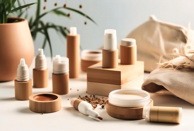 Produits cosmétiques avec des récipients en bambou sur fond blanc