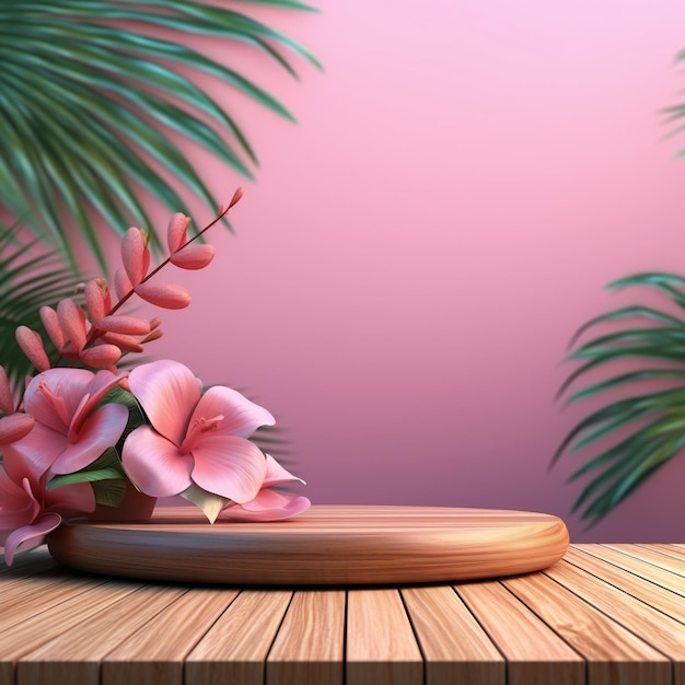 Des produits exposés sur un décor tropical rose doux