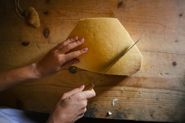 Produits de fromage biologique du village agricole traditionnel des prairies de montagne en Ukraine, région des Carpates