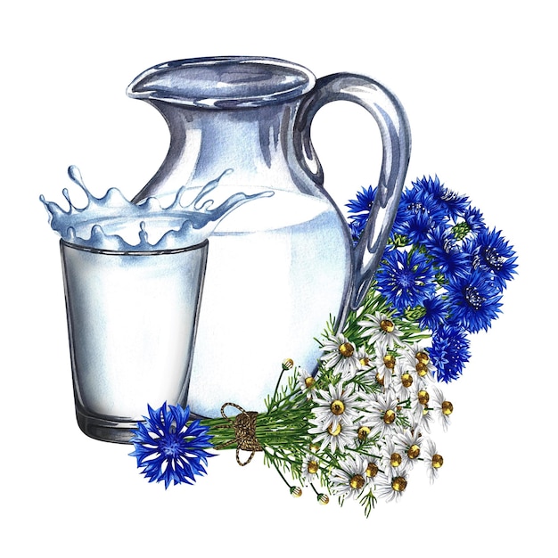 Produits laitiers Carafe et verre de lait Illustration dessinée à la main à l'aquarelle