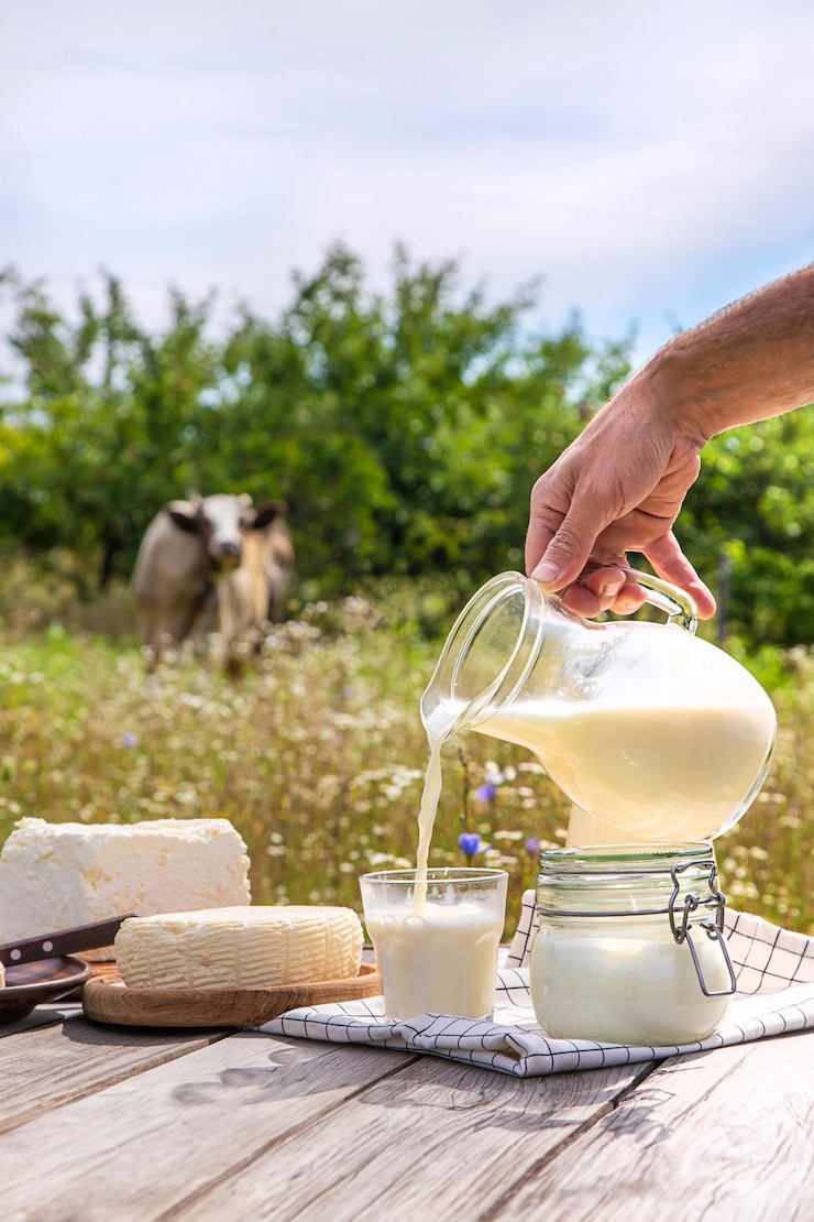 Photo produits laitiers dans une ferme de vaches alimentation sélective