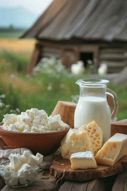 Produits laitiers sur fond de bois focalisation sélective IA générative