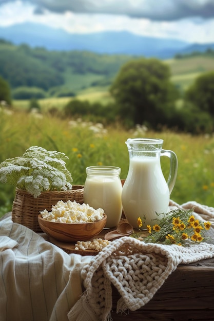 Produits laitiers sur fond de bois focalisation sélective IA générative