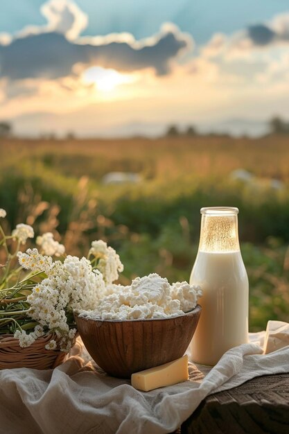 Produits laitiers sur fond de bois focalisation sélective IA générative