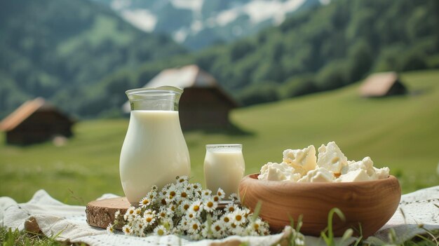 Produits laitiers sur fond de bois focalisation sélective IA générative