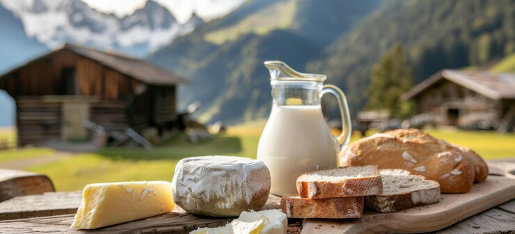 Photo des produits laitiers frais et du pain sur une table en bois rustique avec des montagnes en arrière-plan