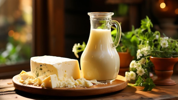 Produits laitiers Kéfir de lait et fromages avec pot de lait