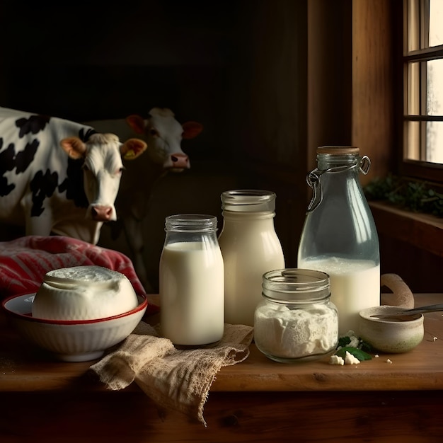 Photo produits laitiers sur une table en bois rustique avec des vaches en arrière-plan