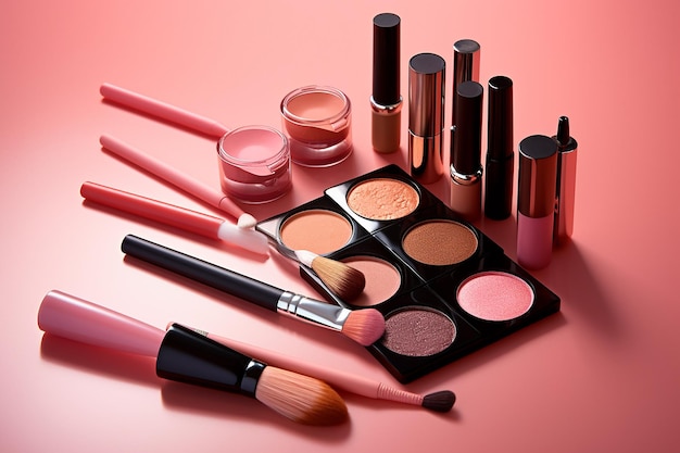 Produits de maquillage variés et pinceaux sur fond rose