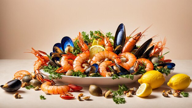 Photo produits de la mer frais crevettes moules escargots verts