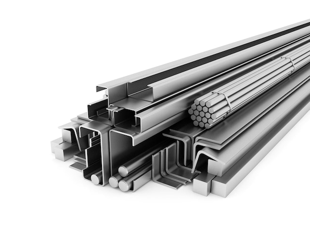 Produits métalliques en acier Acier galvanisé Profilés en acier inoxydable sur fond blanc Rendu 3D
