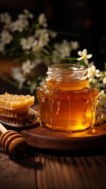 Produits de miel frais affichés sur une table en bois rustique un charme rustique sensoriel Wallpape mobile vertical