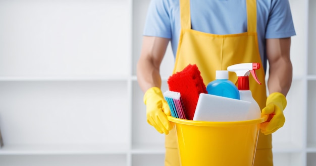 Produits de nettoyage seau outils de nettoyages ménagers seau copier l'espace texte en gros plan publicité à la maison