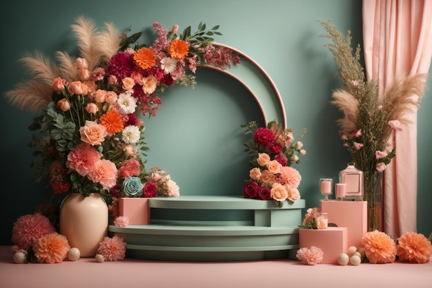 Produits réalistes en 3D présentés sur un podium avec des fleurs colorées et une géométrie circulaire rose sur fond vert pastel. Maquettes pour la présentation de la marque et de l'emballage.