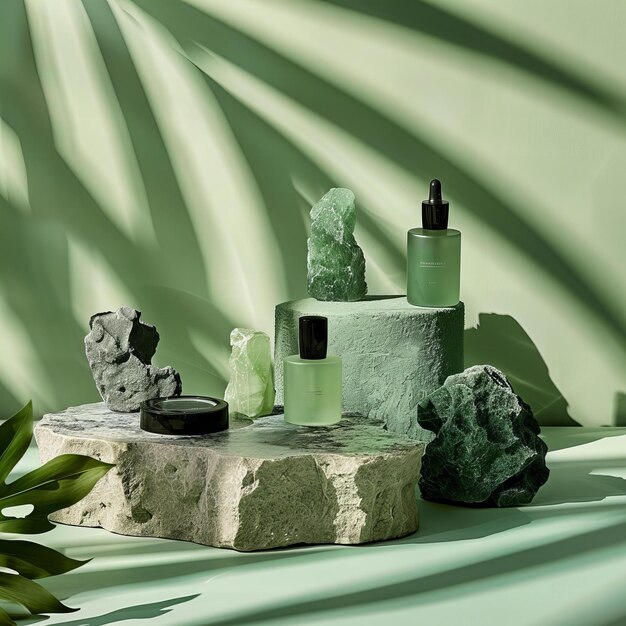 Produits de soin de la peau verts sur un podium en marbre avec effet d'ombre botanique Bien-être et beauté