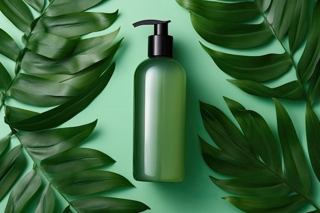 Produits de soins capillaires naturellement enrichissants avec des feuilles vertes sur fond vert