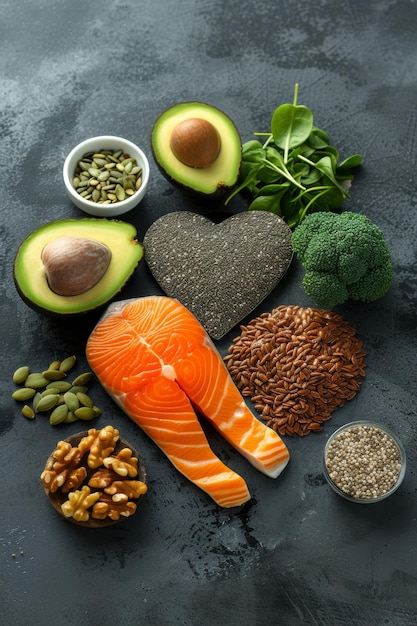 Photo produits avec une source d'oméga-3 et de graisses insaturées superaliments riches en vitamine e et en fibres alimentaires pour une alimentation saine