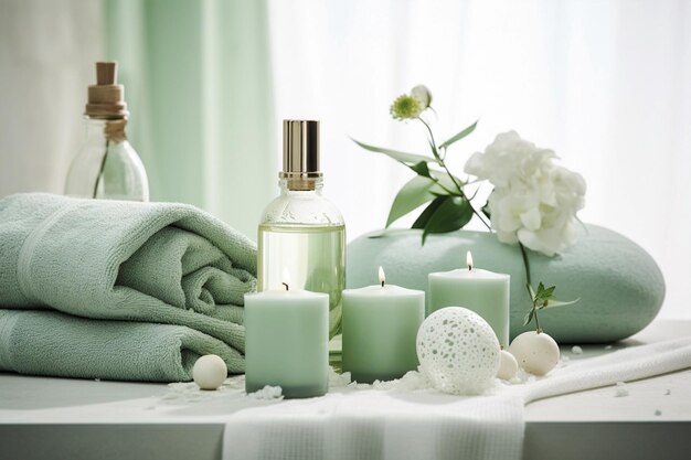 Produits de spa et bombes de bain avec eucalyptus et plantes vertes