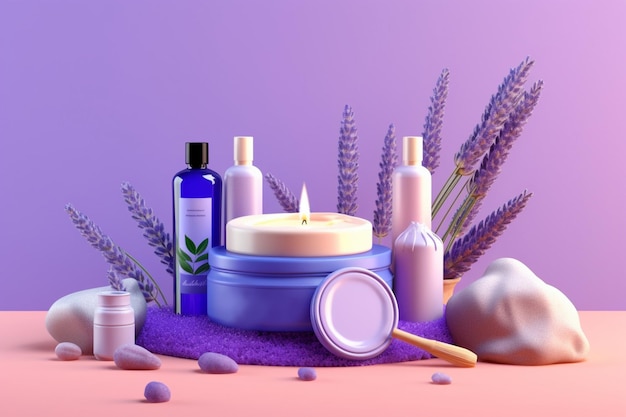 Produits de spa sur fond de lavande dans le style réaliste de l'IA générative