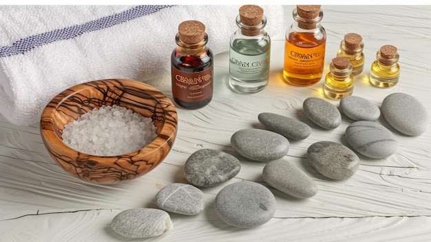 Produits de spa avec des pierres et du sel sur un fond blanc